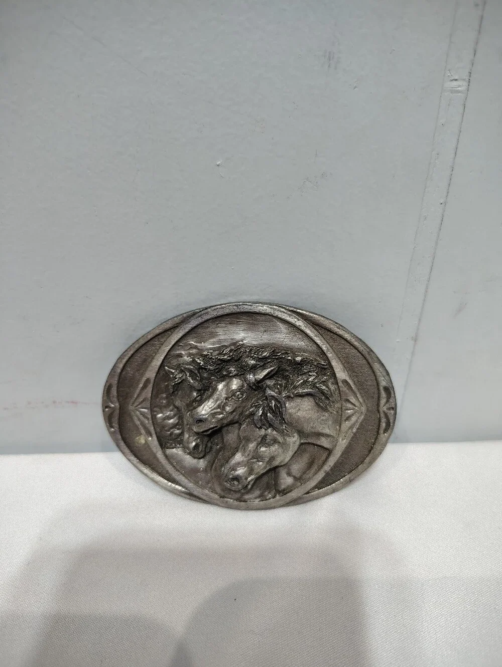 Vintage 1983 Bergamot Brass Works Pewter Belt Buckle K-146 Wild Horses 3D
